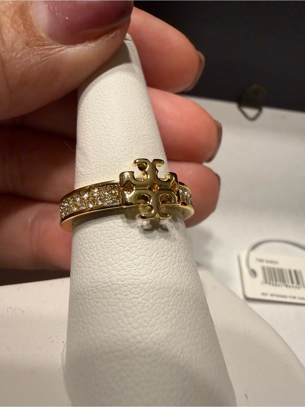 TORY BURCH Kira Pave Crystal Band Double T Logo Ring Size 7.5 NEW